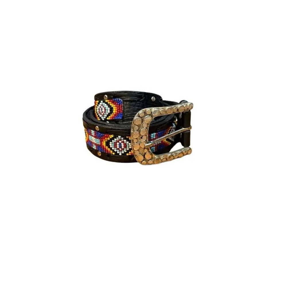 Leather Beaded Belt Black South Western Cowboy Rodeo